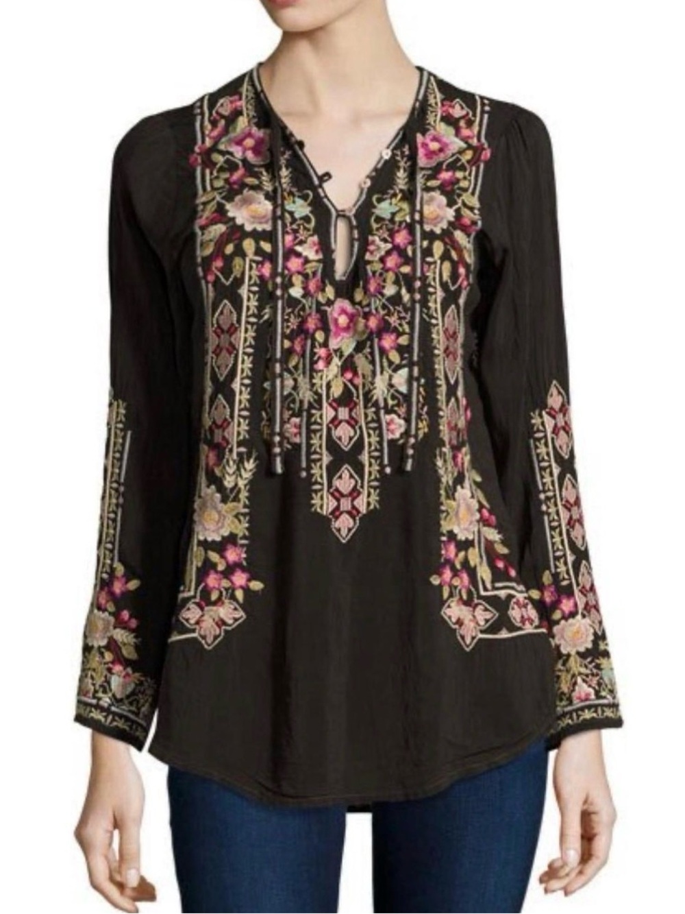 Johnny Was Boho Embroidered Floral Tunic Blouse Eggplant Purple Cupra Size L